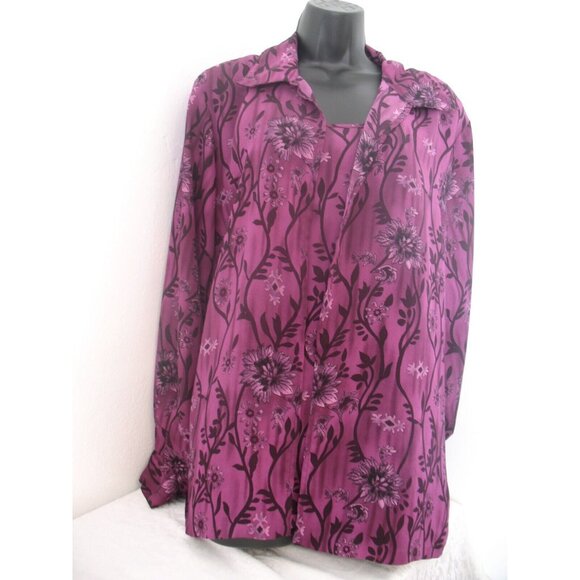 NOTATIONS PURPLE/BLACK FLORAL  BUTTON BLOUSE PLUS SIZE WITH ATTACHED CAMI 1X - Picture 2 of 11